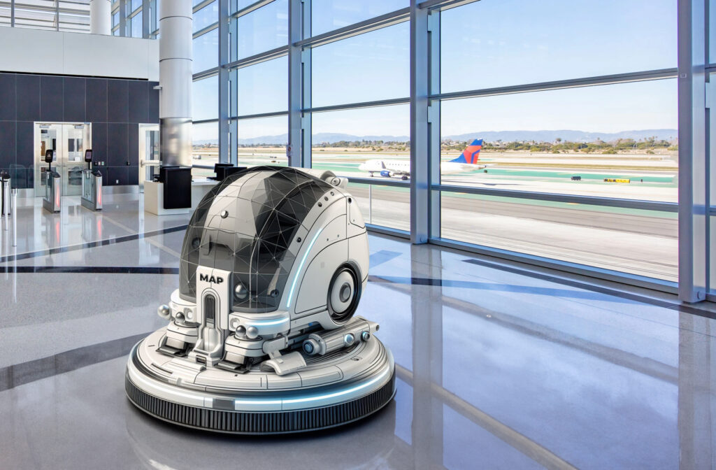 Robot lavapavimenti all'avanguardia MAP mentre pulisce un aeroporto